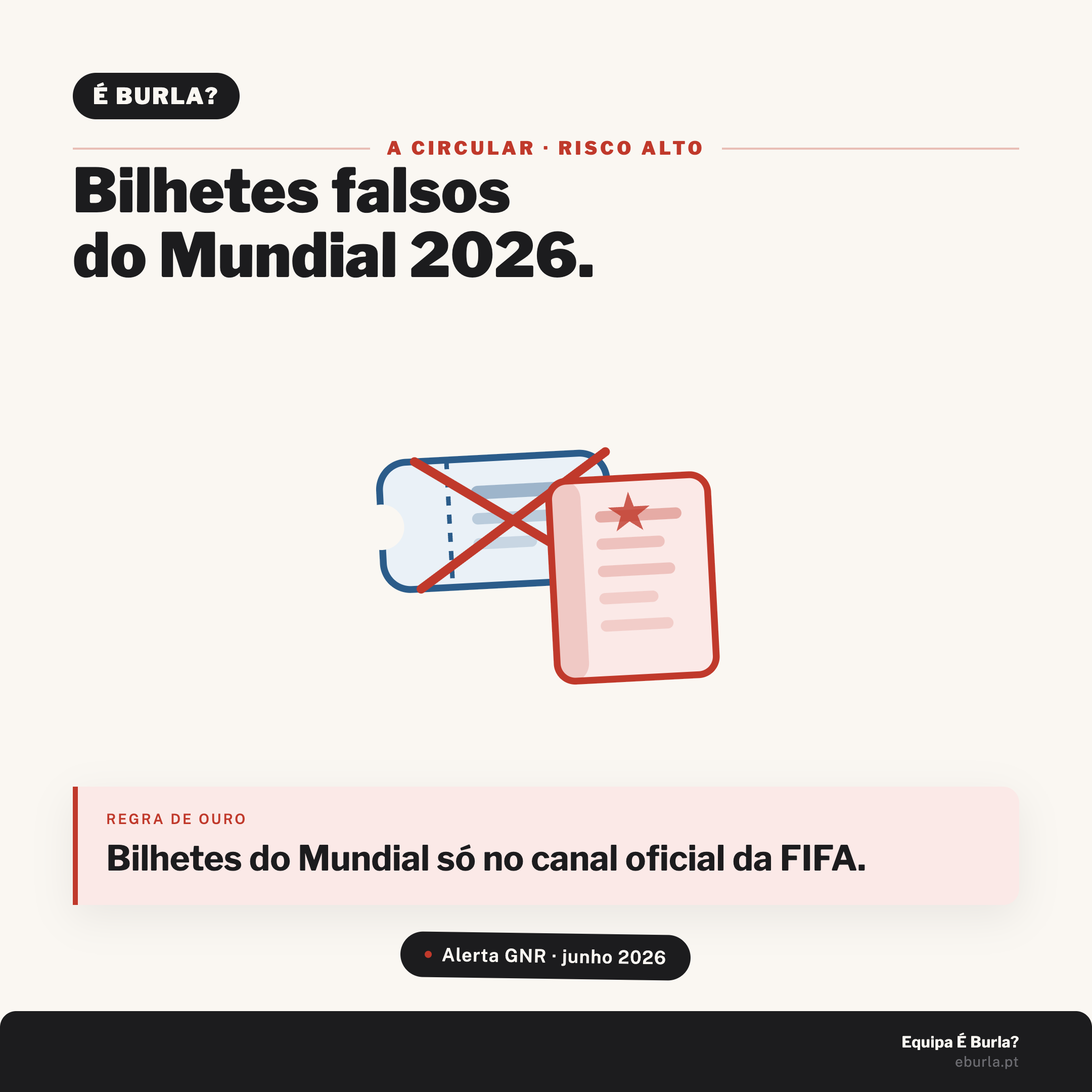 Cartão É Burla?: bilhetes e cromos falsos do Mundial 2026. A circular, risco alto. Regra de ouro: bilhetes do Mundial só no canal oficial da FIFA. Alerta da GNR, junho de 2026.