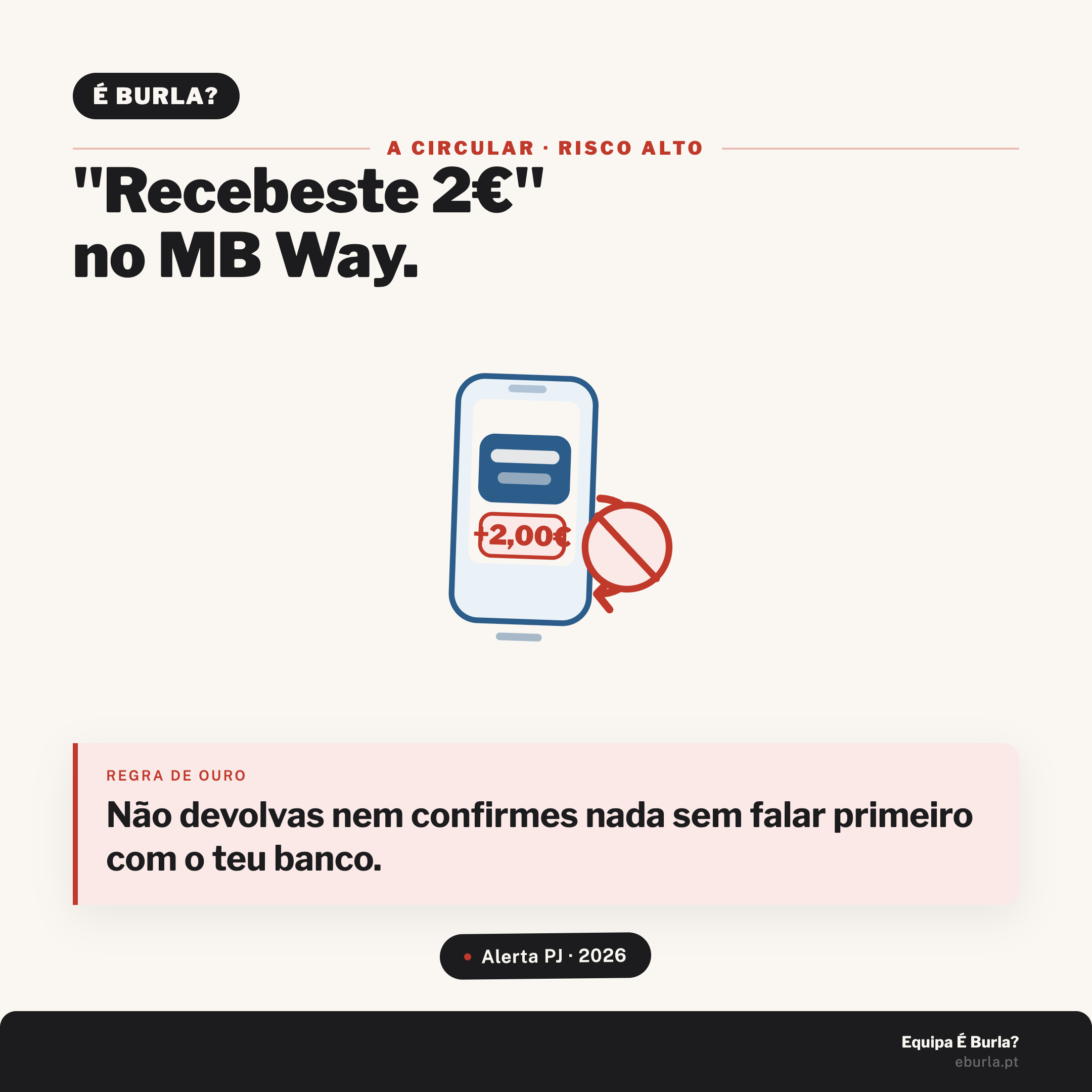 Cartão É Burla?: recebeste 2 euros no MB Way sem saber porquê. A circular, risco alto. Regra de ouro: não devolvas nem confirmes nada sem falar primeiro com o teu banco. Alerta da Polícia Judiciária, 2026.